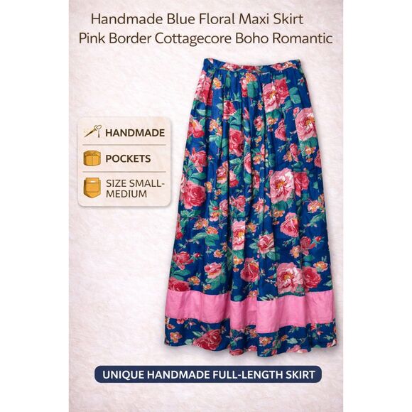 Handmade Vintage Blue Floral Maxi Skirt Pink Border Cottagecore Boho Romantic - Picture 1 of 5